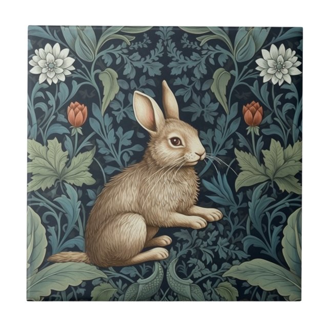 Kaninchen im Wald Art Nouveau Fliese (Vorderseite)