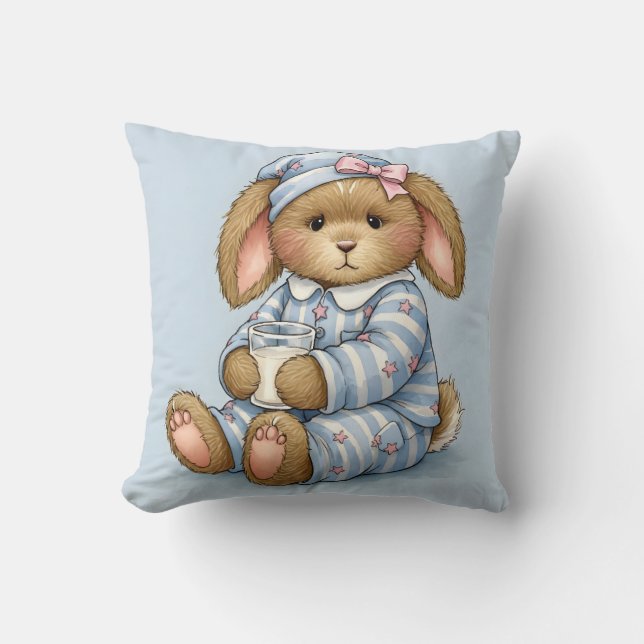 Kaninchen in einem blauen Pajama mit einem Glas Mi Kissen (Vorderseite)