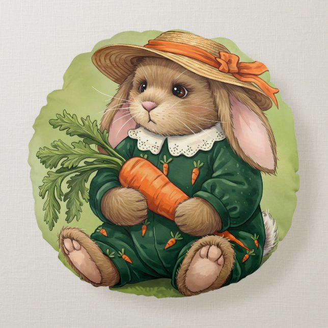 Kaninchen in einem grünen Jumpsuit mit Karotte Rundes Kissen (Vorderseite)