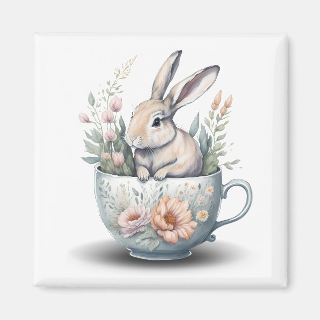 Kaninchen in Teacup mit Blume Kühlschrank Magnet (Vorne)