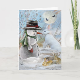 Kaninchen isst die Nasen-Karten des Schneemanns Feiertagskarte