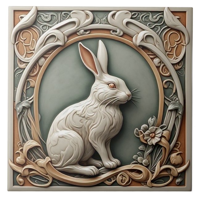 Kaninchen - Jugendstil-Keramik Tile Fliese (Vorderseite)