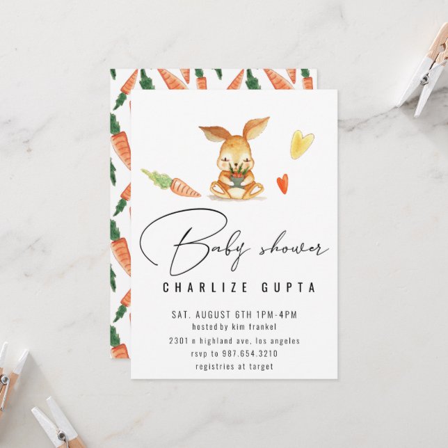Kaninchen Karottenherz Kinderdusche Einlegen Mädch Einladung (Vorderseite/Rückseite Beispiel)