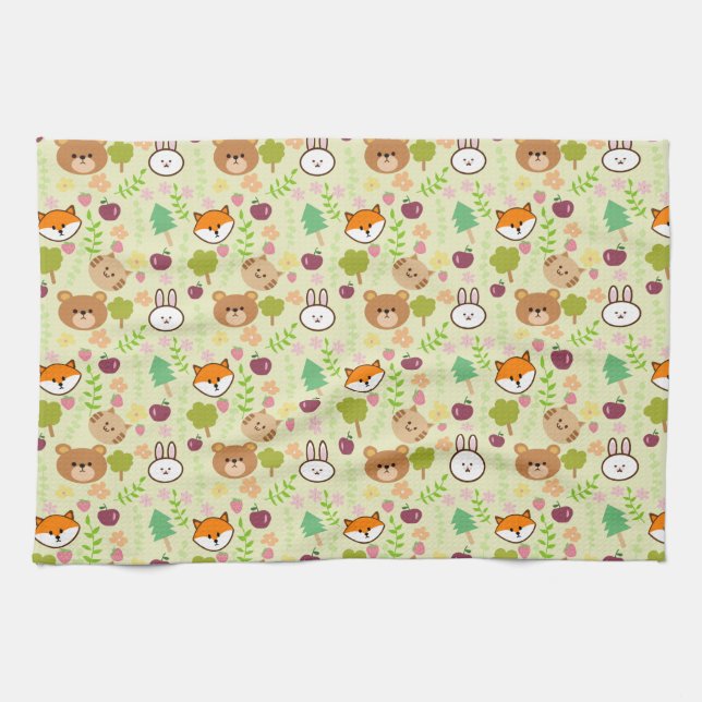 Kaninchen, Katze, Fuchs, Bärenmuster Geschirrtuch (Horizontal)