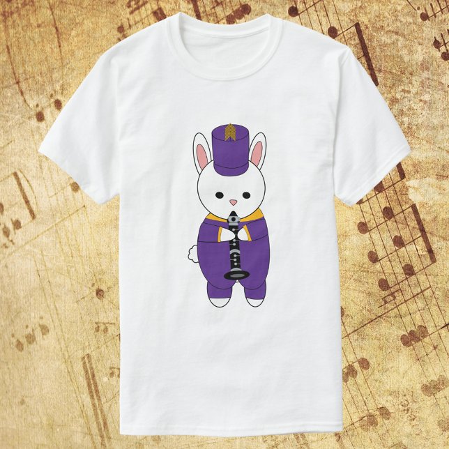 Kaninchen-Klarinette-Marching-Band Lila gelb T-Shirt (A shirt with a rabbit playing the clarinet while wearing a purple & yellow marching band uniform)