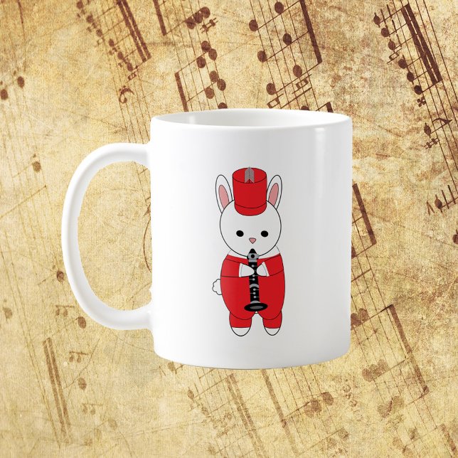Kaninchen Klarinette Marching Band Red White Kaffeetasse (A mug with a white rabbit playing the clarinet wearing a red and white marching band uniform.)
