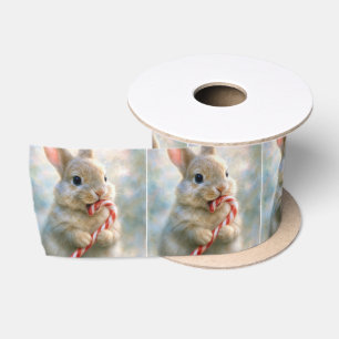 Kaninchen knabbert an einem Zuckerstock Satinband