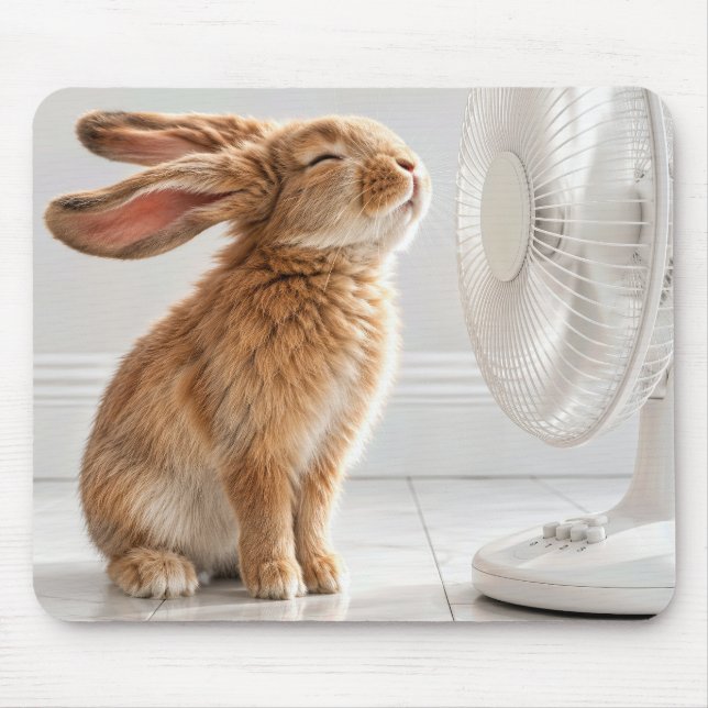 Kaninchen kühlt sich vor weißem Ventilator ab Mousepad (Vorne)