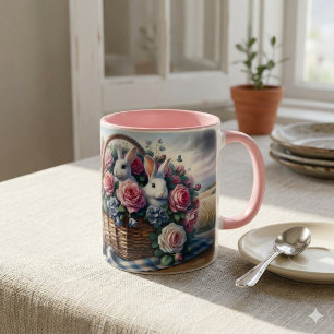 Kaninchen kuscheln sich zwischen Cottage-Rosen Tasse