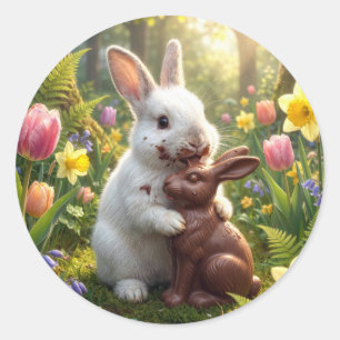 Kaninchen leckt einen Schokoladen-Osterhasen Runder Aufkleber