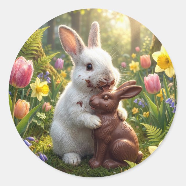 Kaninchen leckt einen Schokoladen-Osterhasen Runder Aufkleber (Vorderseite)