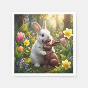 Kaninchen leckt einen Schokoladen-Osterhasen Serviette