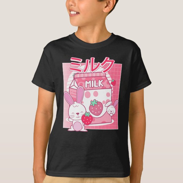 Kaninchen Lieben Erdbeermilch. Kawaii T-Shirt (Vorderseite)