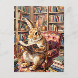 Kaninchen liest ein Buch in einem gemütlichen Zimm Postkarte