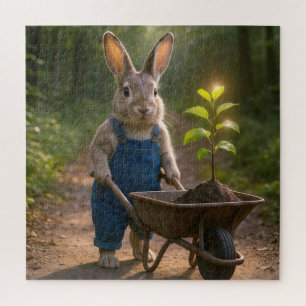Kaninchen mit Baumblättern in einer Schubkarre Puzzle