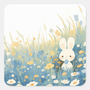 Kaninchen mit blauer Blume auf einer Wiesenblumenw Quadratischer Aufkleber