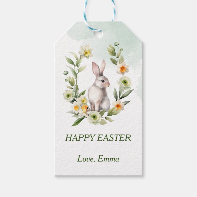 Kaninchen mit Blumenkranz, auf dem das Geschenk-Ta Geschenkanhänger (Vorderseite)