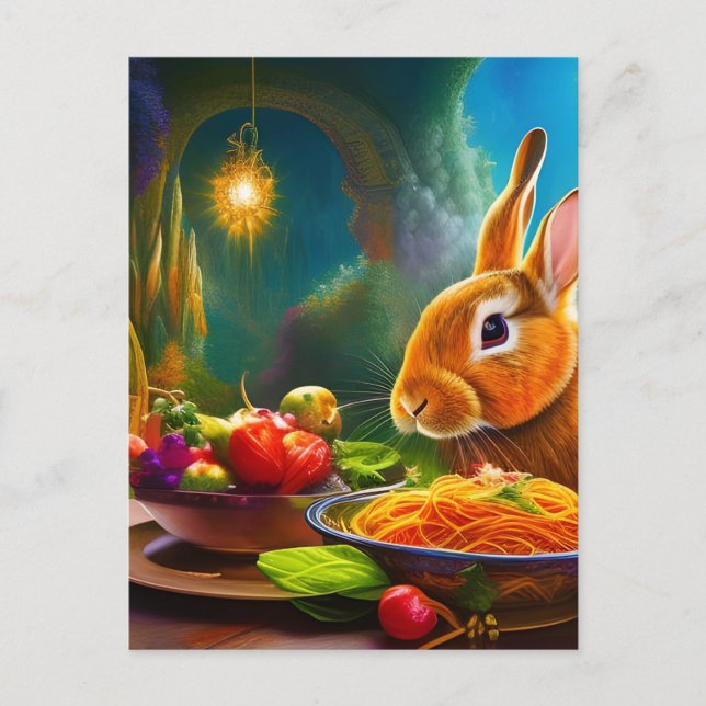 Kaninchen mit einer Schüssel Spaghetti Postkarte (Vorderseite)