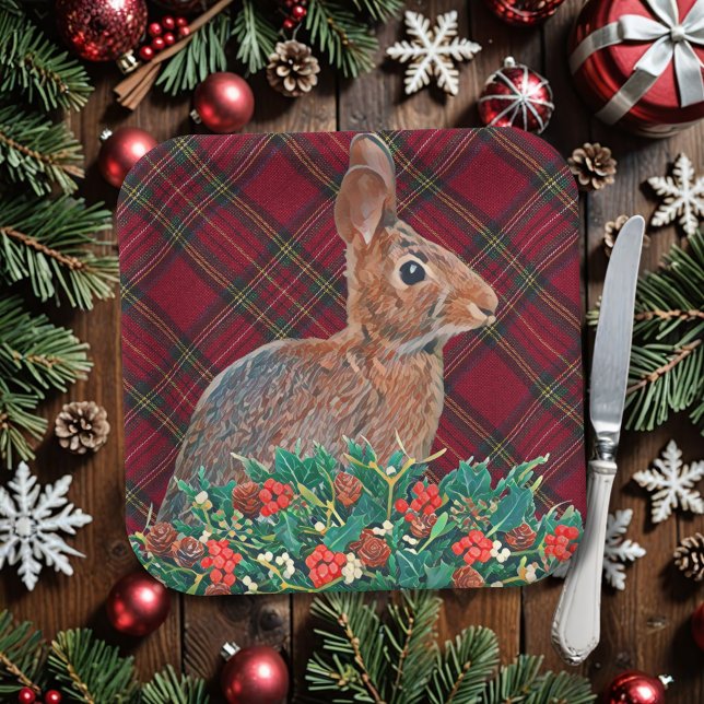 Kaninchen mit Holly Berries und Kariert Pappteller (A classic red and green plaid and rabbit make a cute paper Christmas plate for parties and leftovers)