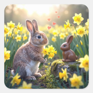 Kaninchen mit Osterglocken für den Osterhasen aus Quadratischer Aufkleber