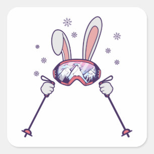 Kaninchen mit Skistöcken und Skibrille Quadratischer Aufkleber