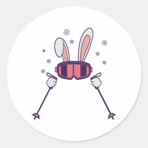 Kaninchen mit Skistöcken und Skibrille Runder Aufkleber