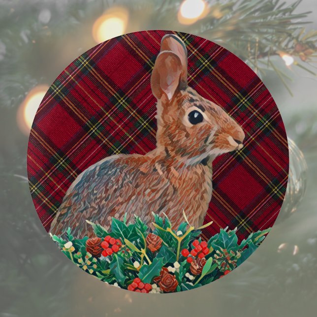 Kaninchen mit Stechpalmenbeeren und Karo Button (Cute rabbit Christmas button pin makes a great stocking stuffer or Christmas party favor. )