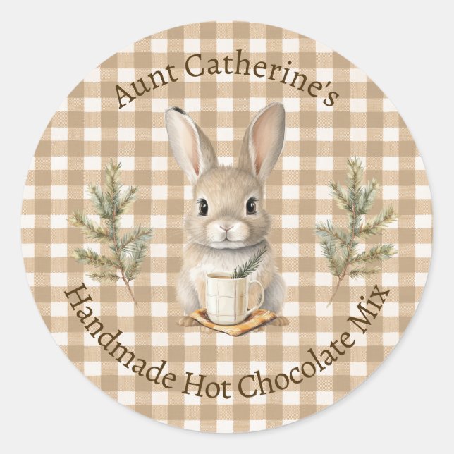 Kaninchen mit Tasse Braunes Gingham-Heißer-Kakao-M Runder Aufkleber (Vorderseite)