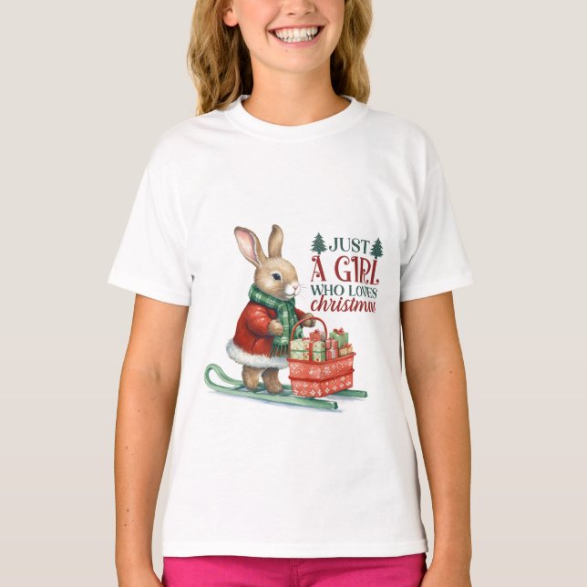 Kaninchen mit Weihnachtsgeschenke auf Skiern T-Shirt (Vorderseite)