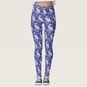 Kaninchen Muster Dunkelblau Weißer Vogel Blütenein Leggings