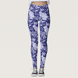 Kaninchen Muster Dunkelblau Weißer Vogel Blütenw Leggings