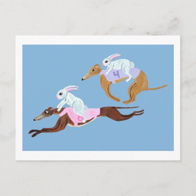 Kaninchen reiten auf Windhunden Postkarte (Vorderseite)