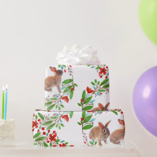 Kaninchen Rote Kirschblüten Grüne Blätter Geschenkpapier