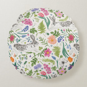 Kaninchen, Schmetterlinge und Blume Rundes Kissen