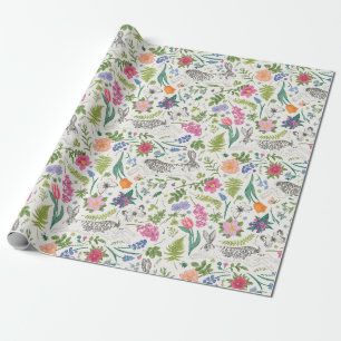 Kaninchen, Schmetterlinge und Blumen Geschenkpapier
