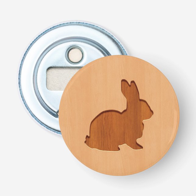 Kaninchen-Silhouette graviert auf hölzernem Flaschenöffner (Vorderseite)