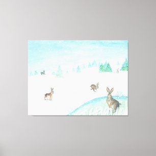 Kaninchen sitzen und im Schnee springen Leinwanddruck