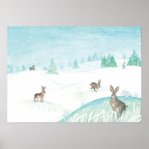 Kaninchen sitzen und im Schnee springen Poster