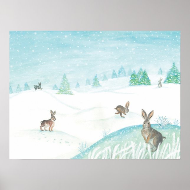 Kaninchen sitzen und im Schnee springen Poster (Vorne)
