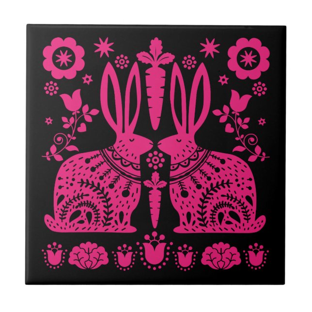 Kaninchen Skandinavische Volkskunst Fliese (Vorderseite)