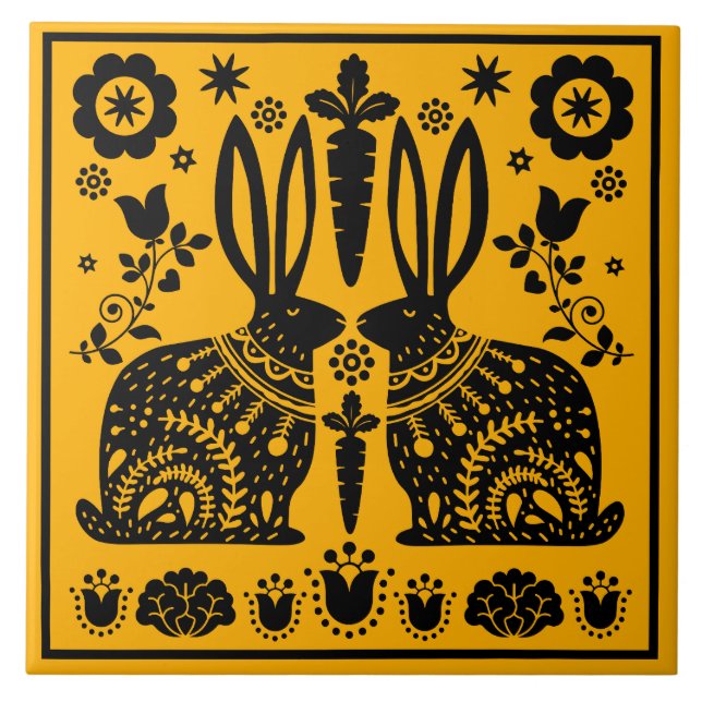 Kaninchen Skandinavische Volkskunst Fliese (Vorderseite)
