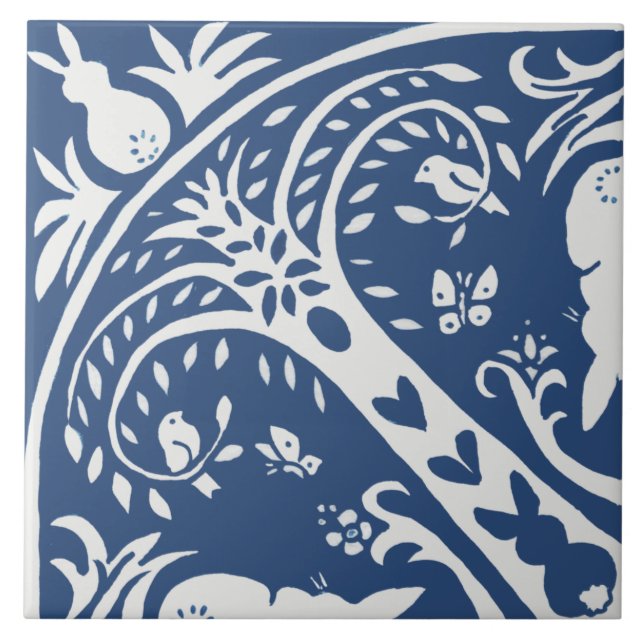 Kaninchen Tile Blue und White Bunny Bird Baumuster Fliese (Vorderseite)