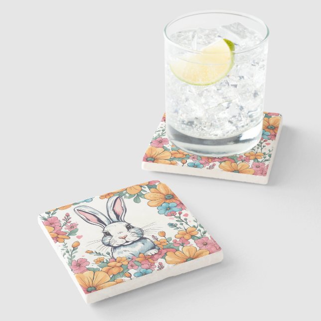 Kaninchen umgeben von Blume Steinuntersetzer (Seitenansicht)