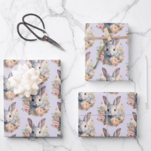 Kaninchen umgeben von pastellfarbenen Blumen Süßes Geschenkpapier Set