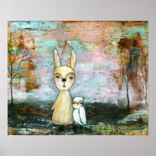 Kaninchen und Eule, Waldtiere in individueller Grö Poster