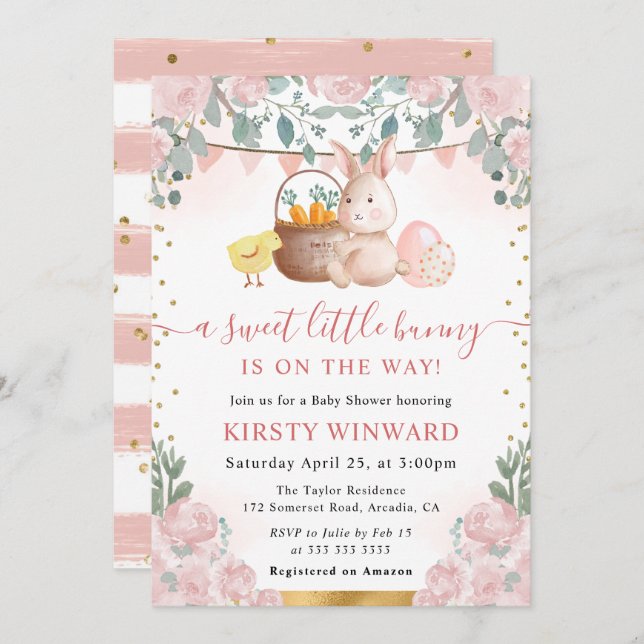 Kaninchen und rosa Blume Kinderdusche Einladung (Vorne/Hinten)