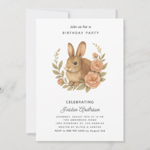 Kaninchen und rosa Blumen Geburtstagsparty-Einladu Feiertagskarte