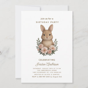 Kaninchen und rosa Blumen Geburtstagsparty-Einladu Feiertagskarte