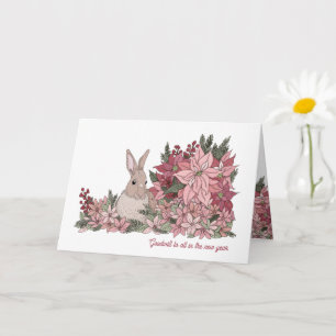 Kaninchen und rosa Blumen Neujahrskarte Karte