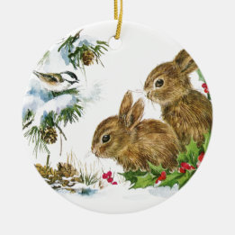 Kaninchen und Vogel genießen Schnee Keramik Ornament
